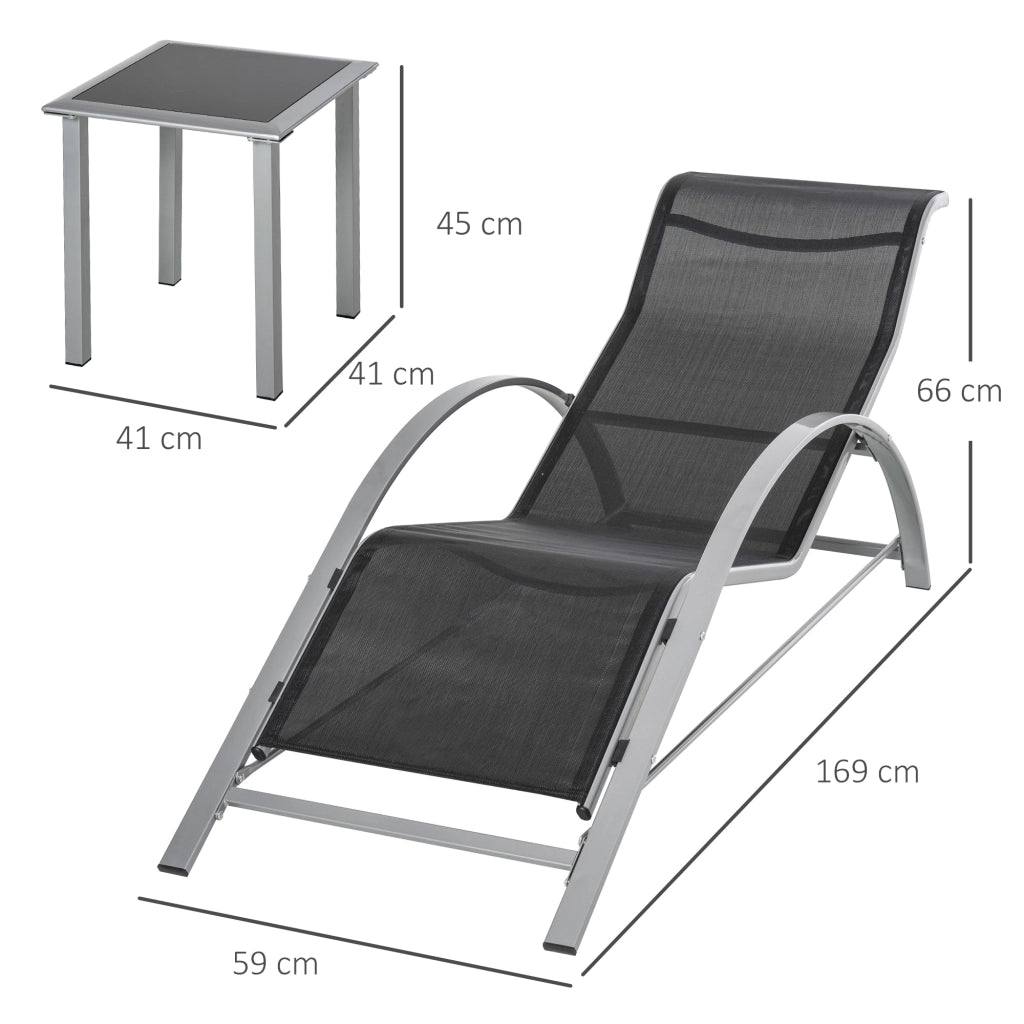 OKWISH Sdraio da Esterno Set da 2 con Tavolino Laterale Braccioli Struttura in Metallo Nero 59 × 169 × 66 cm