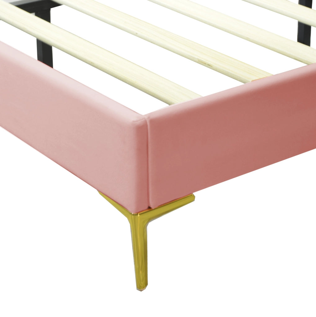 Letto matrimoniale imbottito 140x200 cm in velluto rosa con testiera regolabile