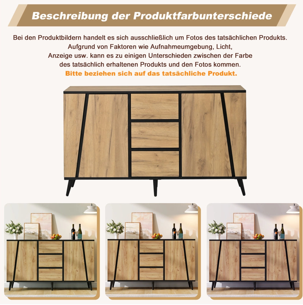 Sideboard 120x40x70 cm con 2 ante; 3 cassetti e ripiani regolabili; MDF e truciolare; naturale e nero