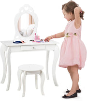 Toeletta Trucco per Bambina, Specchiera per Ragazzi in Legno Robusto, Postazione Trucco 2 in 1 con Cassetto, Sgabello e Specchio Staccabile, 70 x 34 x 105 cm (BIANCO)