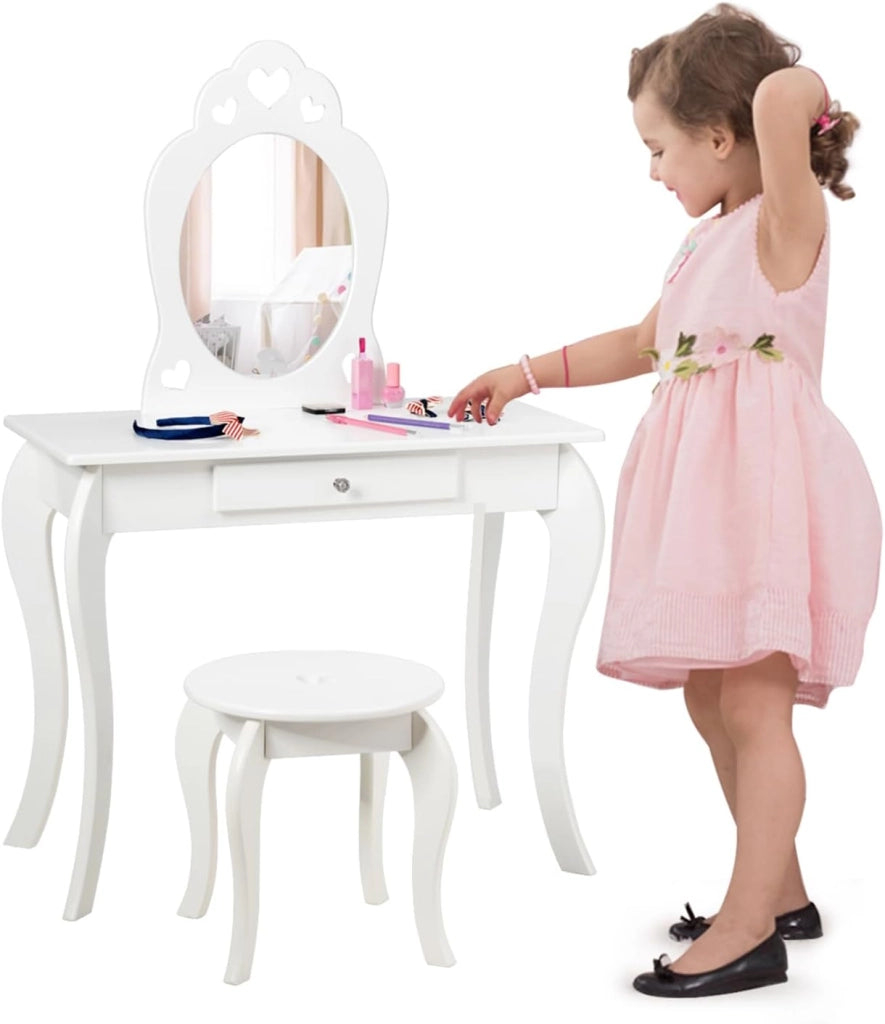 Toeletta Trucco per Bambina, Specchiera per Ragazzi in Legno Robusto, Postazione Trucco 2 in 1 con Cassetto, Sgabello e Specchio Staccabile, 70 x 34 x 105 cm (BIANCO)