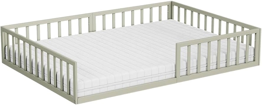 Letto a pavimento Minno 140x200 cm, letto bambini Montessori in metallo con protezione anticaduta e materasso, greige