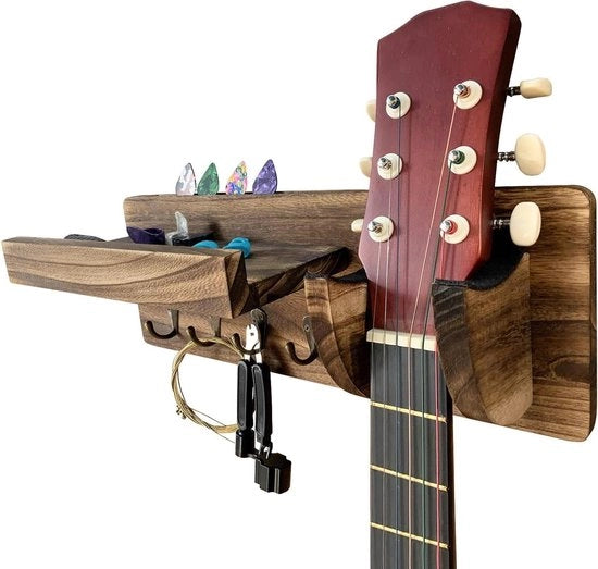 Supporto per chitarra a muro - Stand per chitarra in legno con 4 ganci e custodia per pick - Accessori per chitarra elettrica, acustica e classica per ukulele, violino e basso.