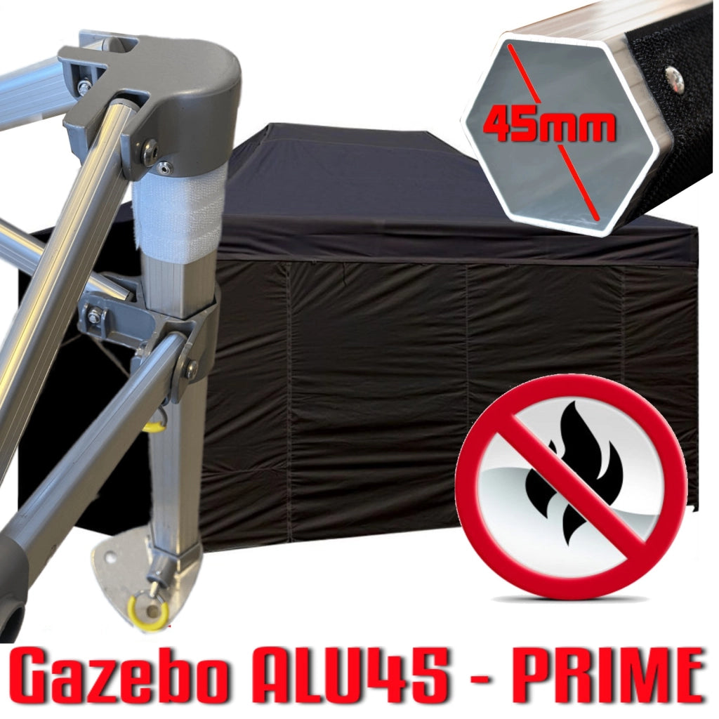Gazebo 3x4,5 m nero certificato IGNIFUGO pieghevole alluminio piantone esagonale 45mm portatile estendibile richiudibile estensibile acciaio con laterali per fiere eventi stand chiosco tenda tendone mercato mercatino