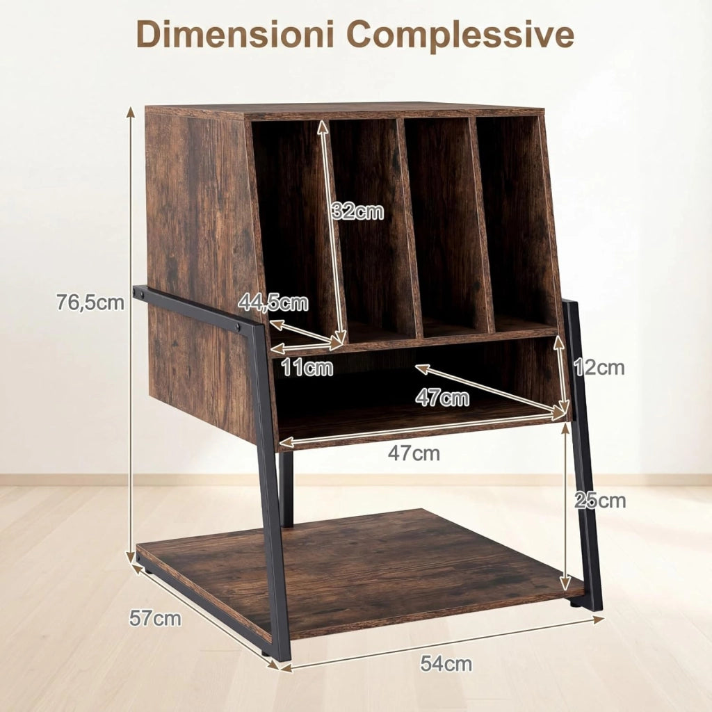 Supporto per Giradischi, Mobile Porta Giradischi con 4 Scomparti e Ripiani Aperti, Scaffale per Dischi in Legno con Ruote e Piedini Regolabili (Marrone Rustico, Nessuna Presa di Corrente)
