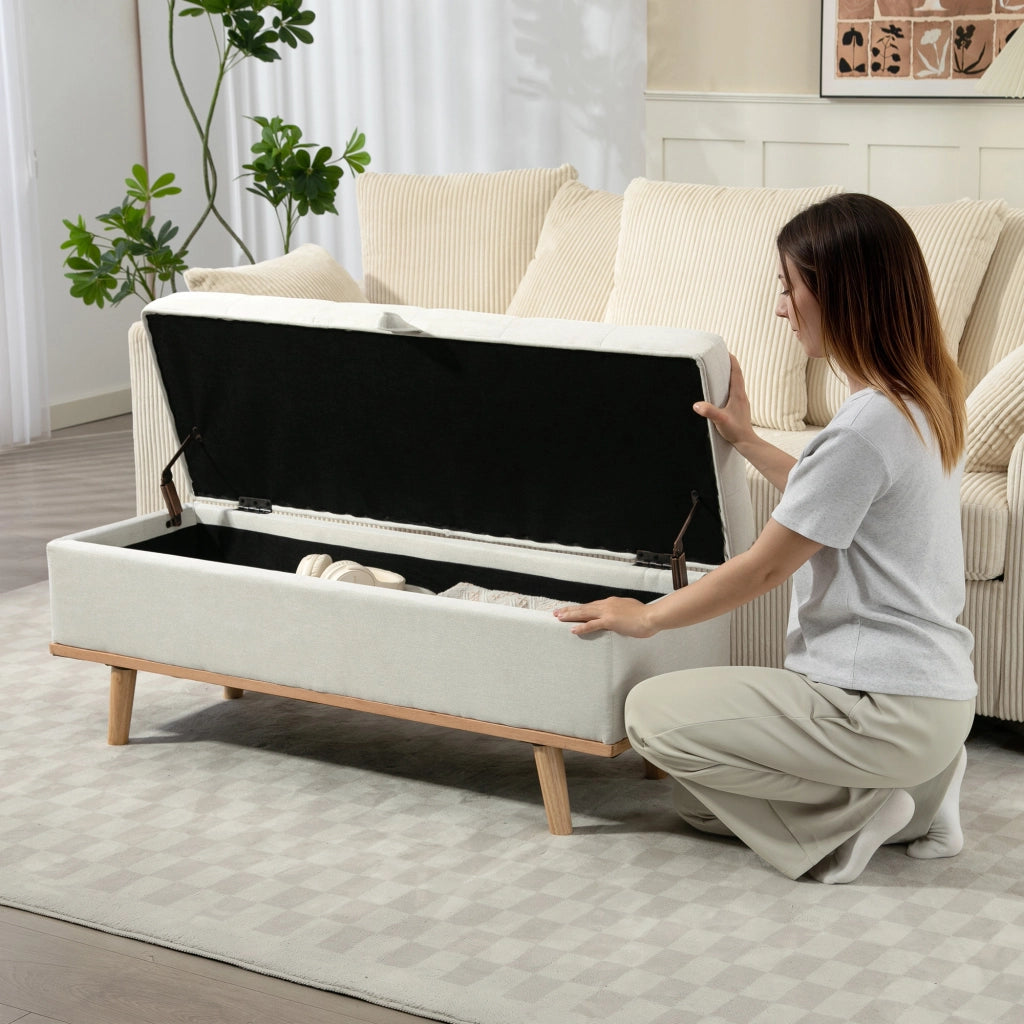 Panca Contenitore 118x42x45 cm da 80L Imbottita con Rivestimento in Tessuto e Gambe in Legno Crema