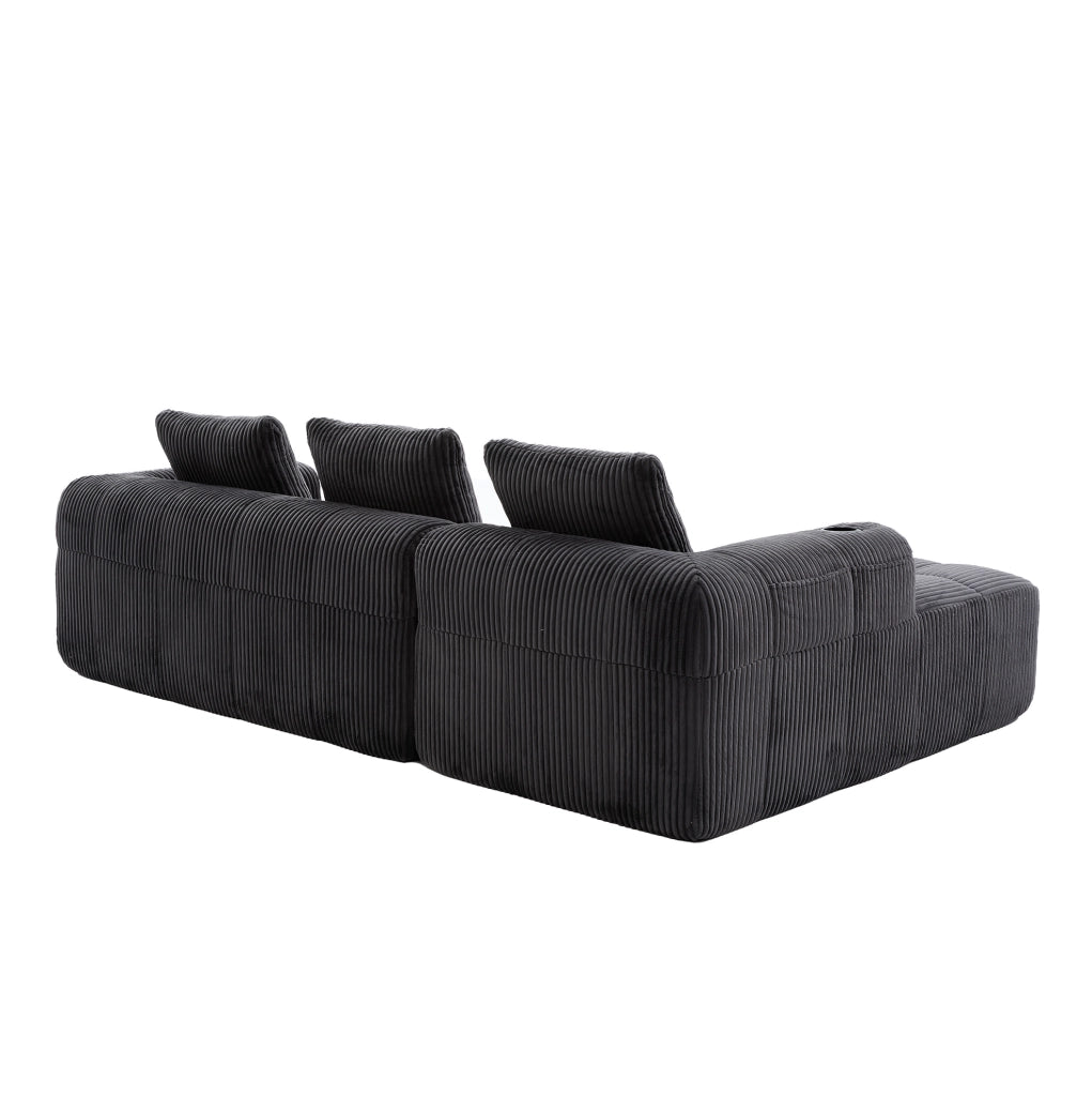 Divano modulare in velluto a coste scuro 253x158x61 cm; con tasche laterali e portabicchieri