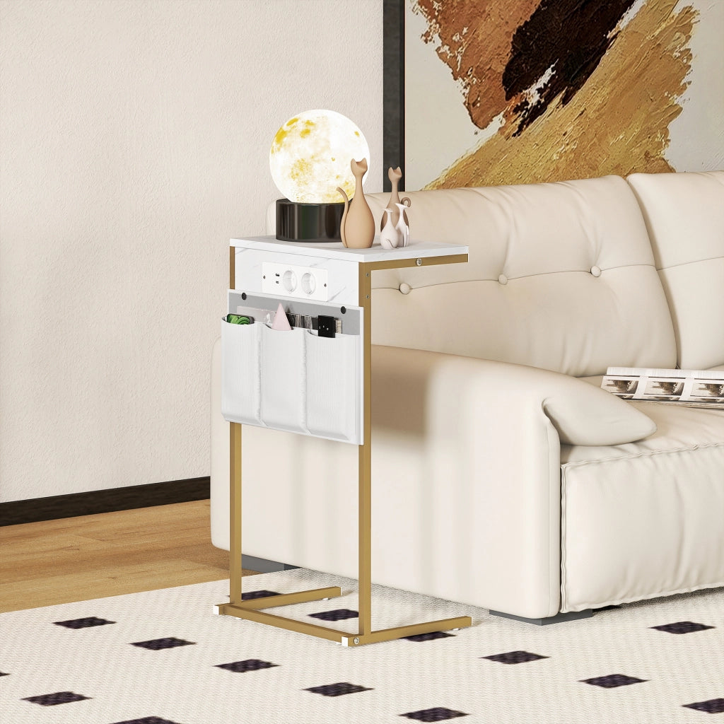 Tavolino da Caff¨¨ con USB e Cassetto ¨C Zephmum ¨C Bianco e Dorato 40x25.5x71 cm