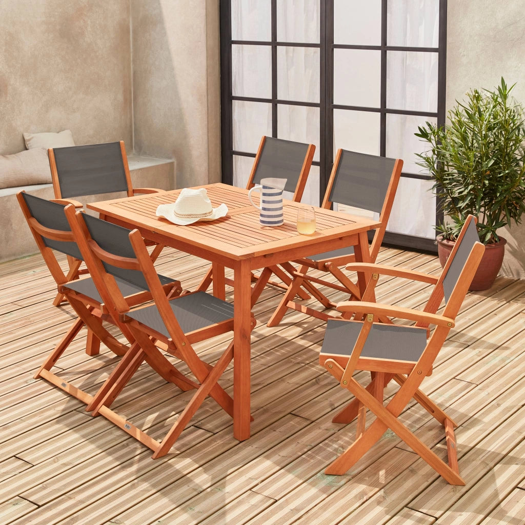 Set tavolo da giardino rettangolare allungabile in legno con 6 sedie,