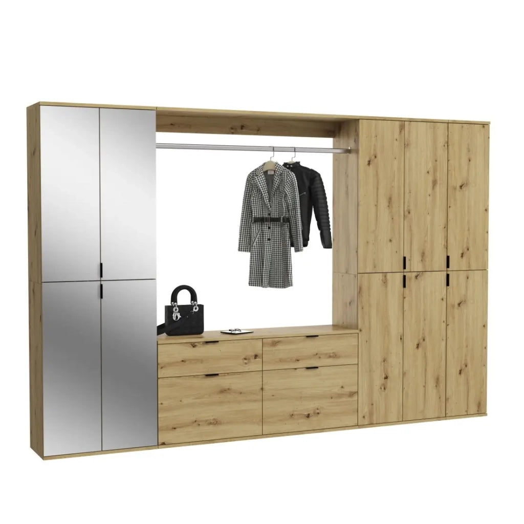 Armadio con 10 ante con specchi + guardaroba + 4 cassetti - Rovere chiaro - BODITE