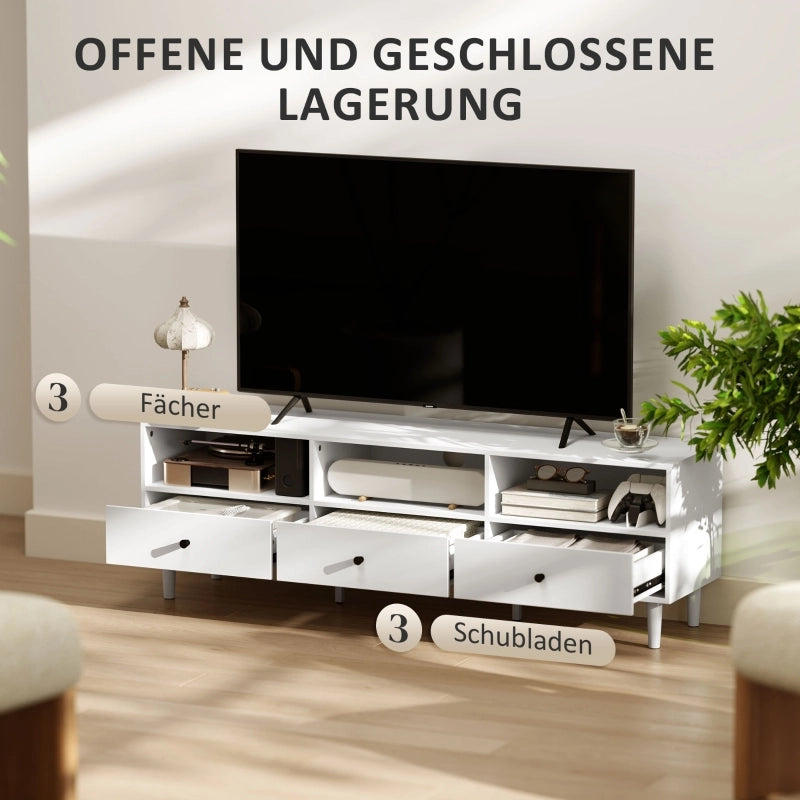 Mobile porta tv con 3 cassetti e 3 vani aperti, passacavi, per soggiorno, in legno, bianco, 140 × 34 × 45 cm