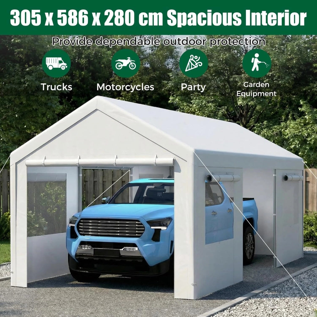 Tenda Garage Auto Esterno, Tettoia per Auto con Telaio in Metallo, Copertura in PE Resistente alle Intemperie, Capanno Giardino per Vehicolo, Bici, Moto, Attrezzi (Bianco, 305 x 586 x 280 cm)