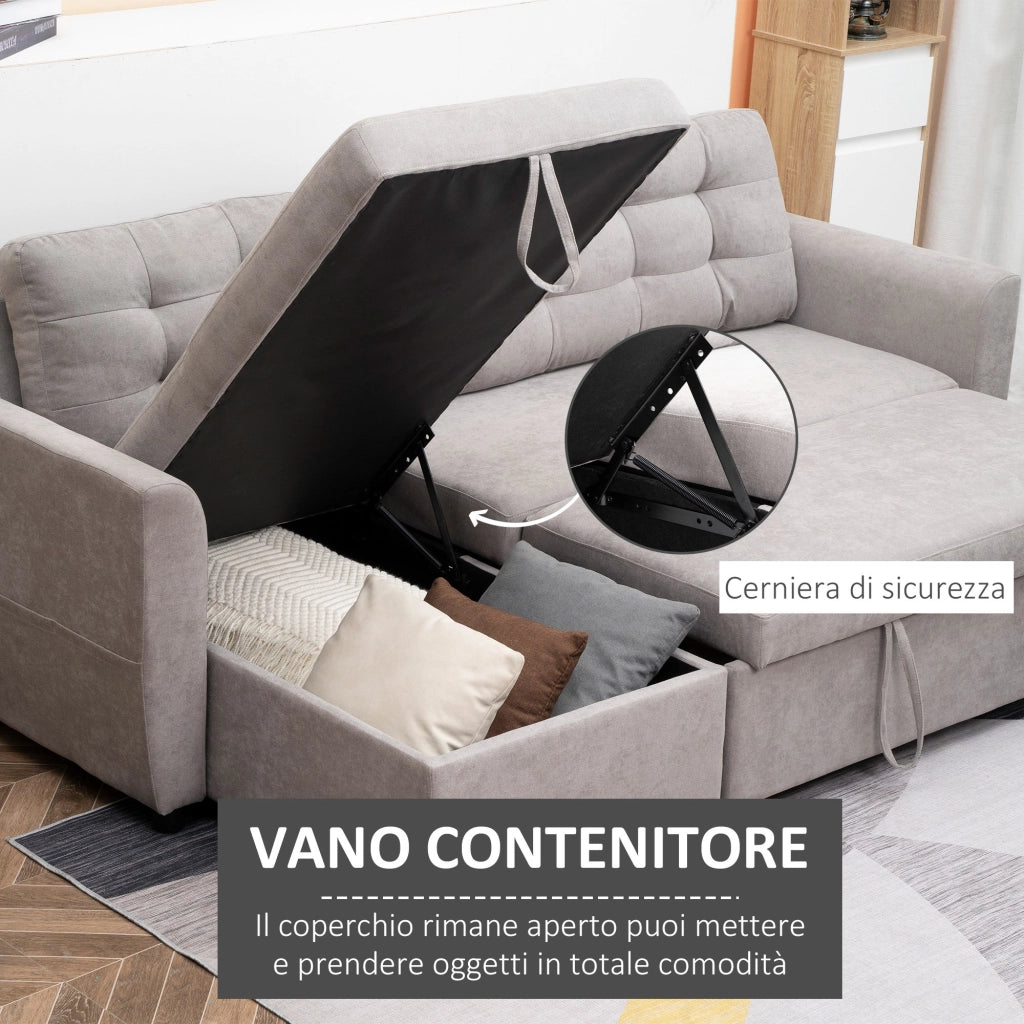 EasyComfort Divano Letto 3 Posti con Chaise Longue Contenitore in Tessuto, 217x134x85cm, Grigio