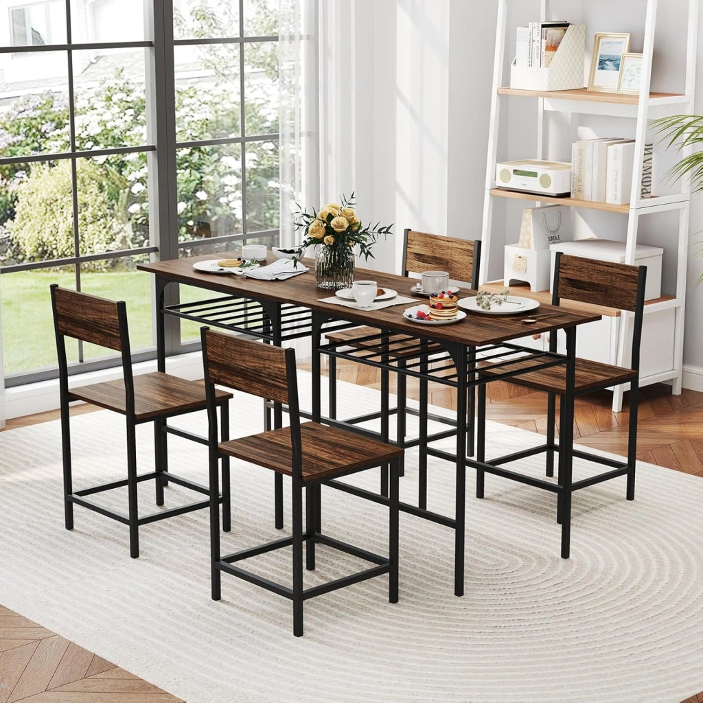 Set da Pranzo per 2 Persone, Set da 3 Pezzi di Tavolo Rettangolare in Legno e Sedie con Struttura in Metallo e Ripiano di Stoccaggio, per Angolo Colazione e Sala da Pranzo (Marrone)