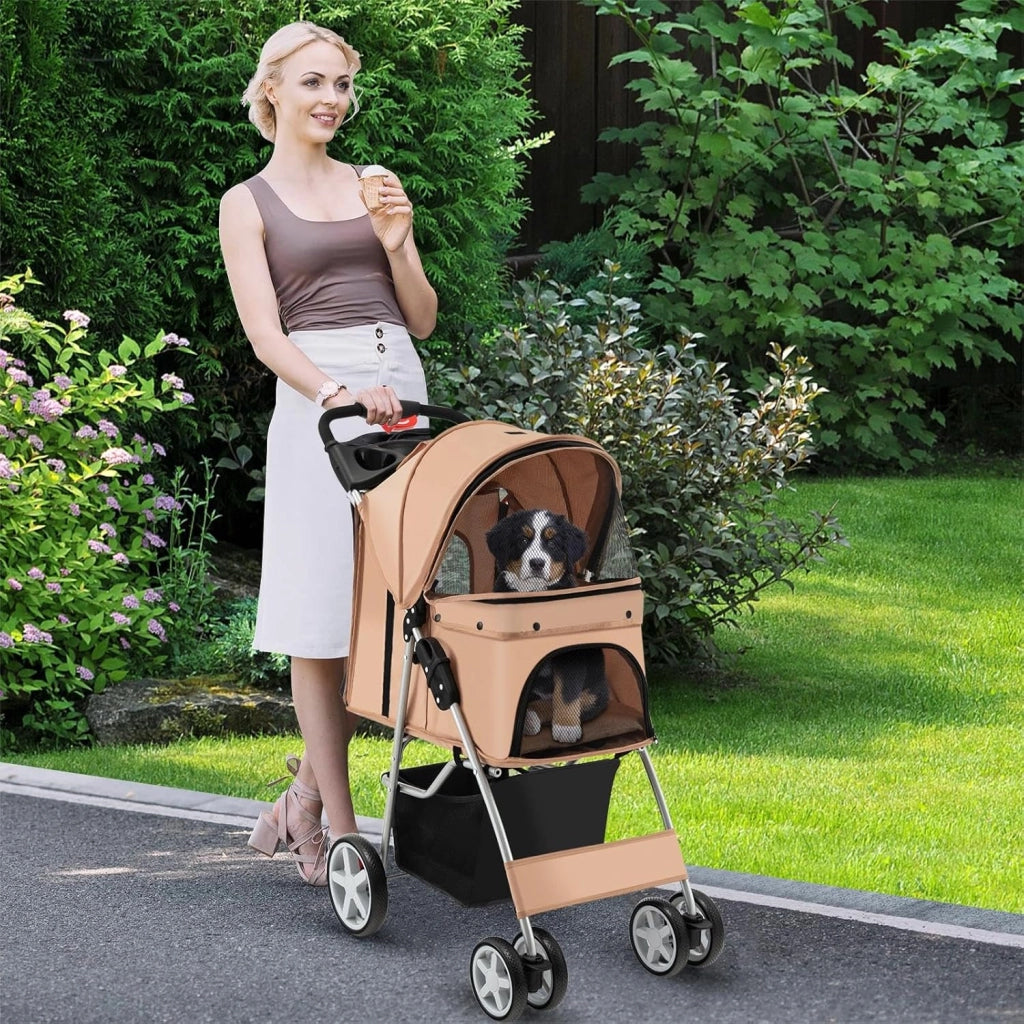 Passeggino per Cani e Gatti Pieghevole Fino 15 kg, Carrello per Animali Domestici, Trasportino Carrozzina Portatile da Viaggio e Passeggio con Tettuccio per Cuccioli, 87 x 46 x 102 cm (Beige)