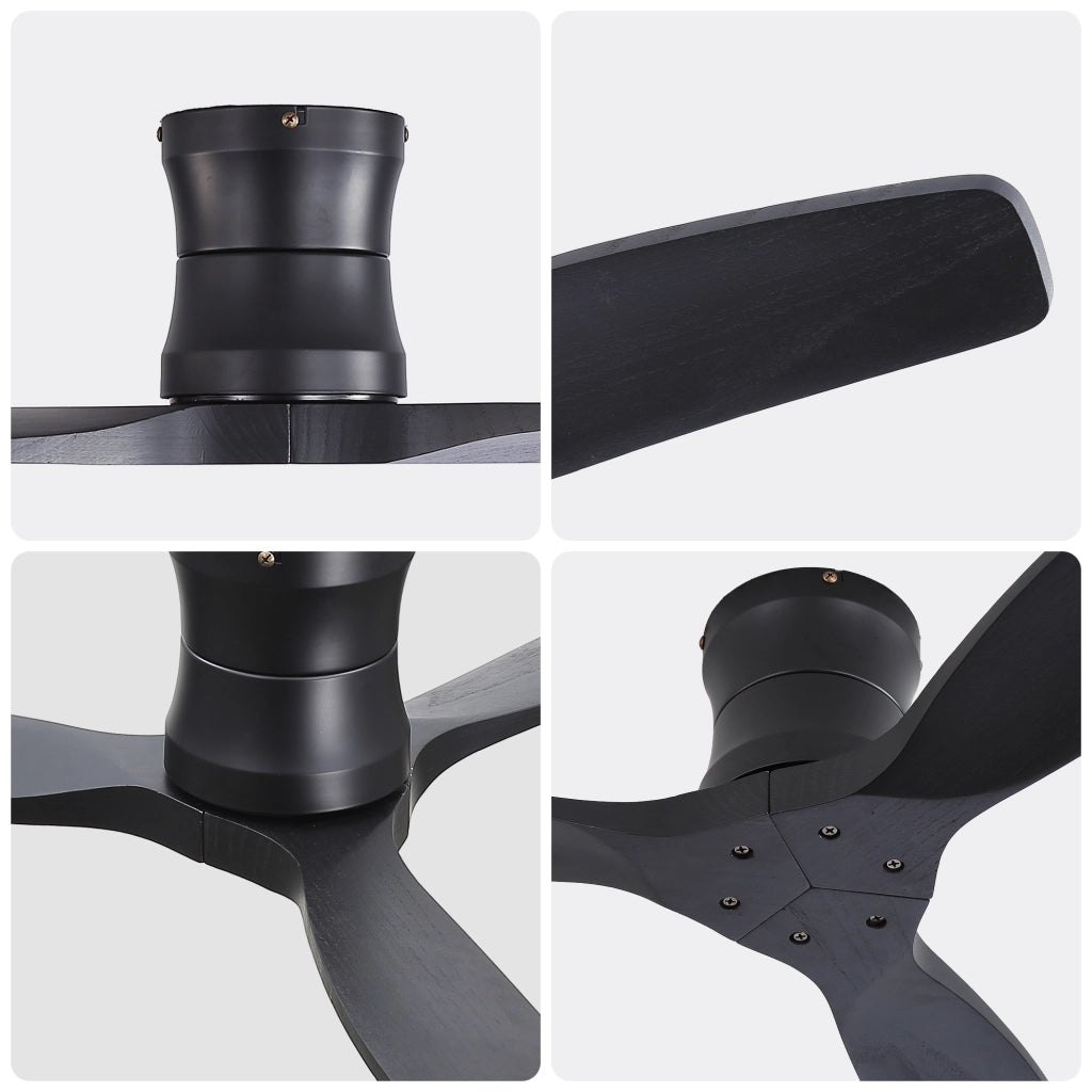 Ventilatore da soffitto nero opaco con motore DC reversibile e telecomando