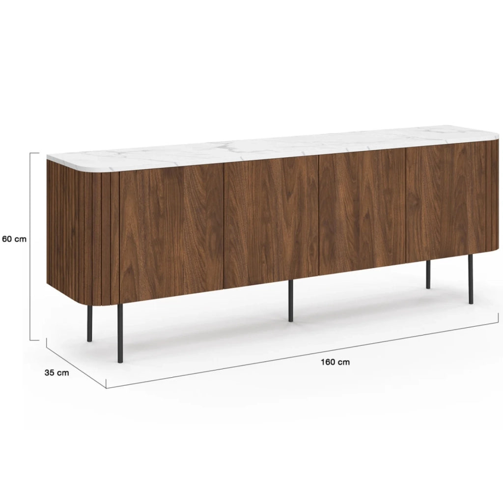 IDMarket - Credenza bassa MARLA 160 cm con 4 ante e doghe effetto noce e piano in marmo bianco ALASKA
