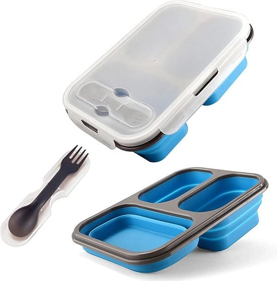 Borsa da Picnic Pieghevole, Borsa da Pranzo Ermetica, Borsa da Pranzo in Silicone, Borsa da Pranzo Pieghevole, Contenitore di Stoccaggio Alimentare con Tre Compartimenti e Cucchiaio e Fork, per Adulti e Bambini (Azzurro)