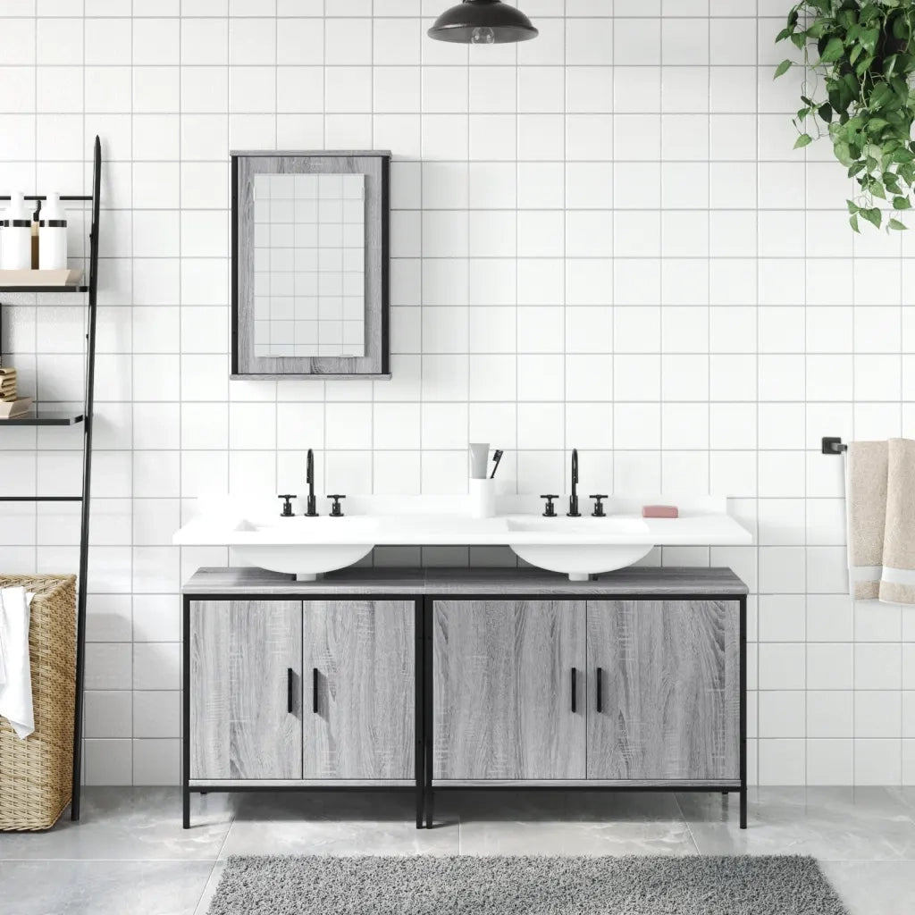 Set Mobili da Bagno | Armadio da bagno 3 pz Grigio Sonoma in Legno Multistrato