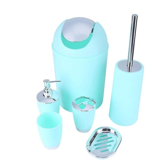 Set accessori bagno 6 pezzi - Dispensatore di bagnoschiuma - Cassetto per rifiuti - Appoggio spazzolini da denti - Spazzolino da bagno - Colla ecologica - Set bagno