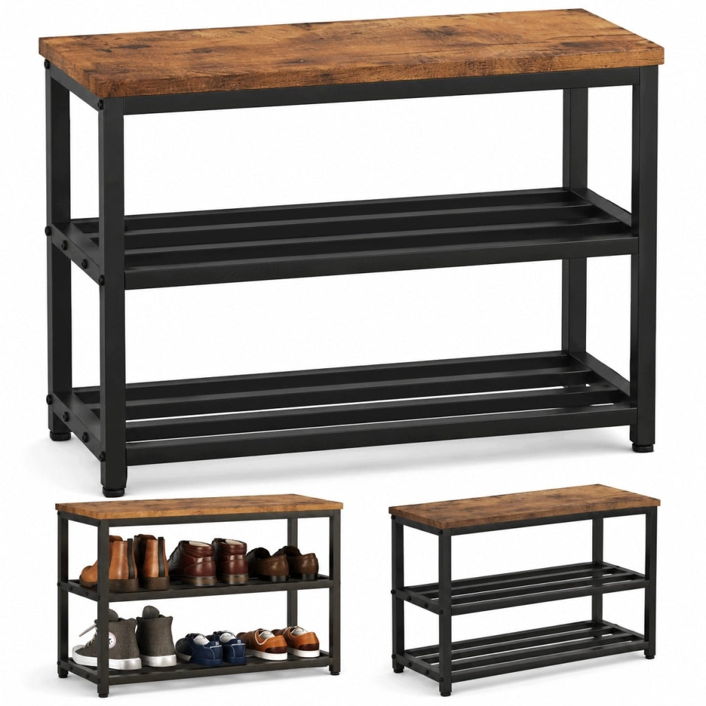 Scapino per scarpe con seduta, ripiano ampio, stile industriale/loft/retrò, in legno, 60 cm