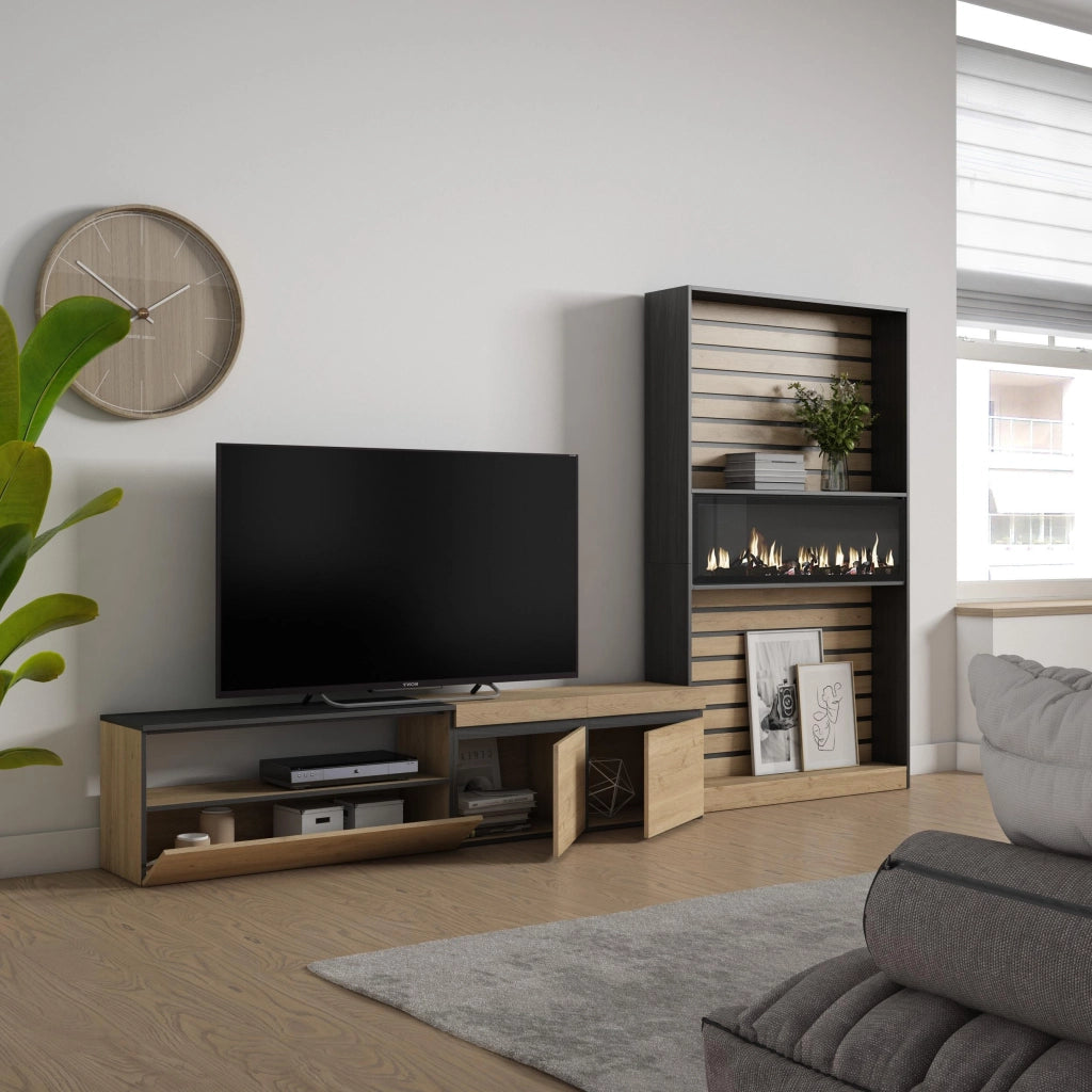 Mobile TV, Soggiorno, 310x35x186cm, Per TV fino a 80", Camino elettrico, colore Rovere e nero RF2861