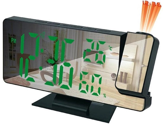 Alarme Digitale con Proiezione per Camera da Letto - Orologio Digitale con Doppia Allarme e Proiezione Rotativa - Porta USB per Ricarica - 1 Pezzo - Modello con Display Verde