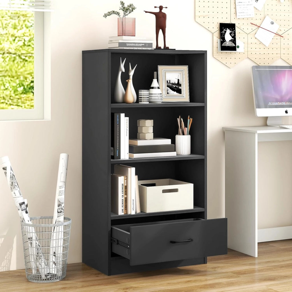 Mensola con cassetto, Libreria 4 Livelli con 3 Vani Aperti, Mensola in Legno per Soggiorno, Camera da letto, Ufficio (Grigio)