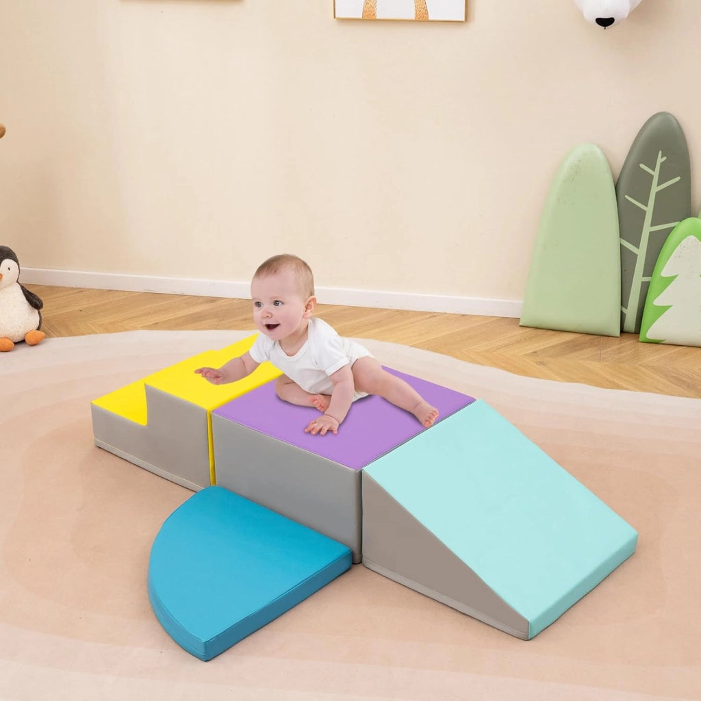 Set di Blocchi in Schiuma per Bambini 4 Pezzi, Set di Costruzioni Morbide in PU + EPE per Sviluppo dei Bambini, Gioco Attivo Interno per Arrampicarsi e Gattonare (Blu)