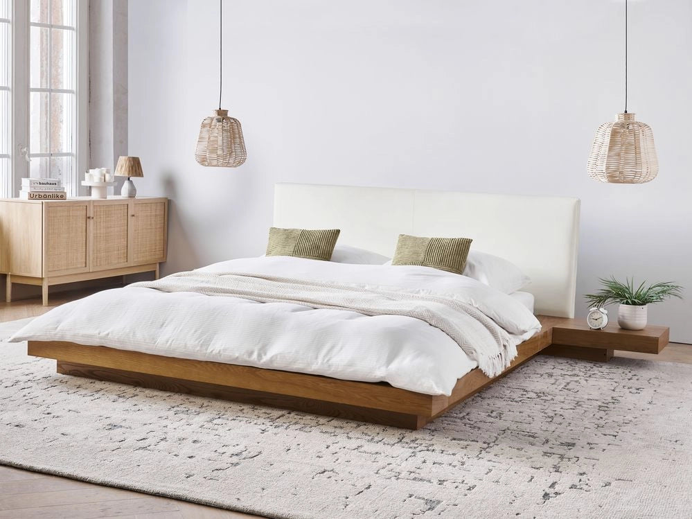 Letto ad acqua in stile giapponese in frassino naturale 160 x 200 cm testata in MDF impiallacciato in legno testata in pelliccia sintetica