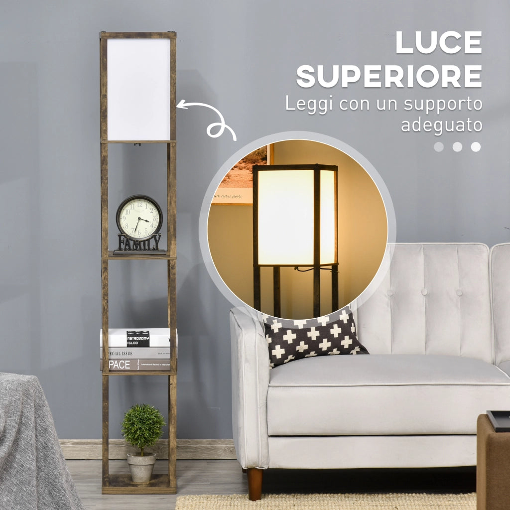 Lampada da Terra con 3 Mensole Integrate, Attacco E27 Potenza 40W, 26x26x160cm, Colore Legno