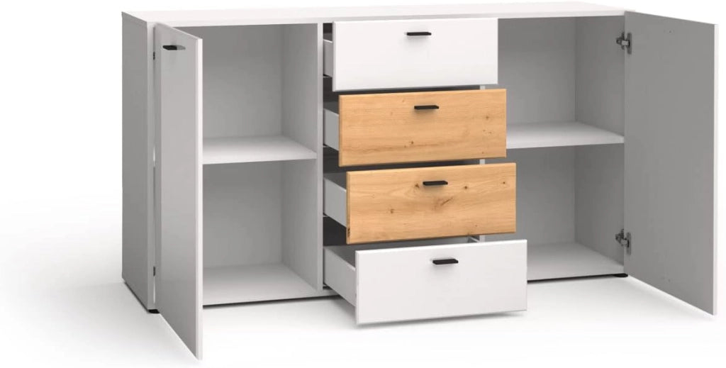 Mobile Comò soggiorno Mila buffet con 2A 4C cm150x40x81h  bianco lucido rovere