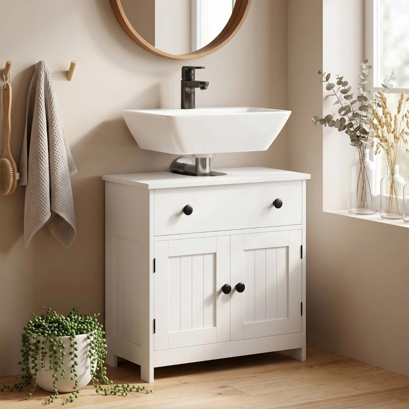 Mobile bagno moderno e autoportante con cerniere a chiusura ammortizzata, cassetto e 2 ante, bianco.