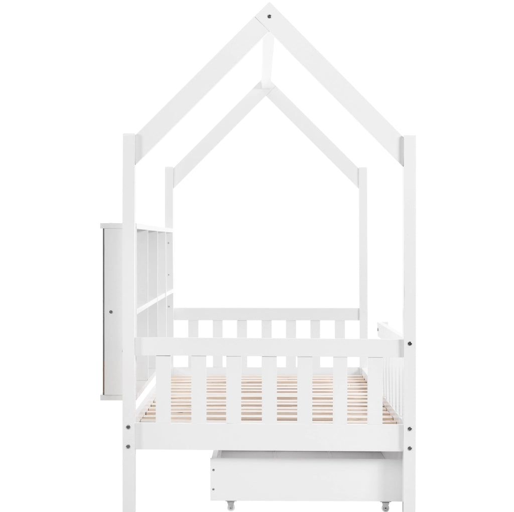 Letto per bambini a casetta 200x90 cm con 2 cassetti; scomparto portaoggetti; pino bianco
