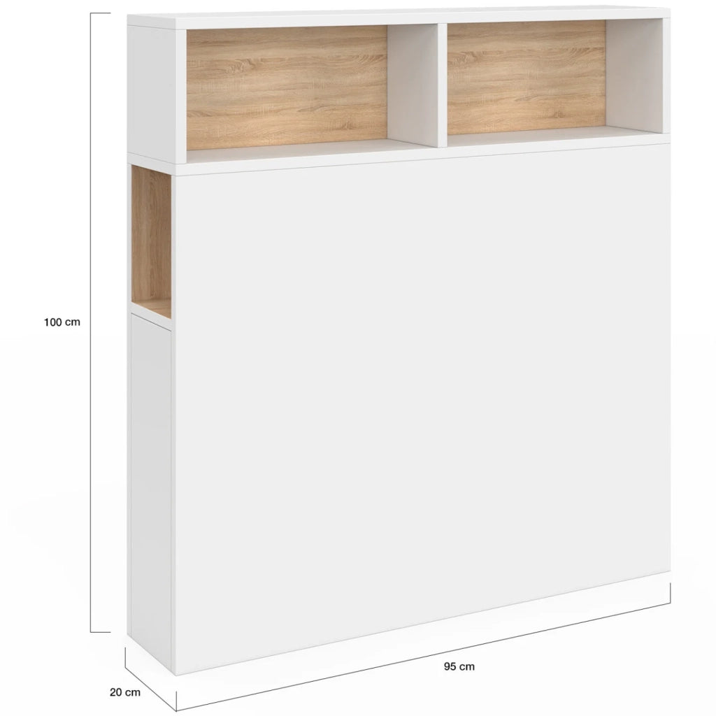 IDMarket - Testiera CLEO 95 cm free-standing con contenitori chiusi e nicchie in bianco e faggio