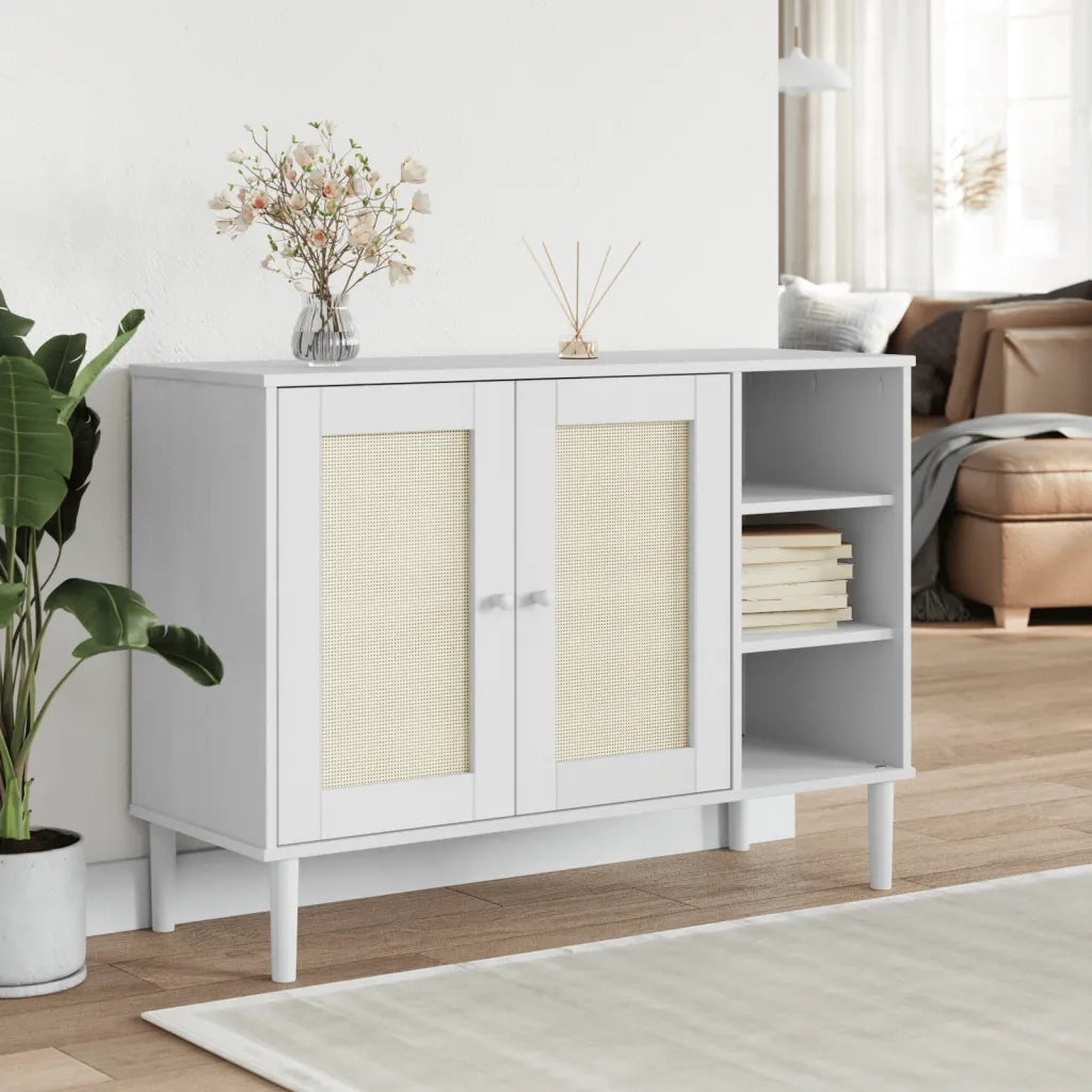 Credenza-Buffet-Armadio da cucina SENJA Aspetto Rattan Bianco 112x40x80 cm Massello Pino 203038