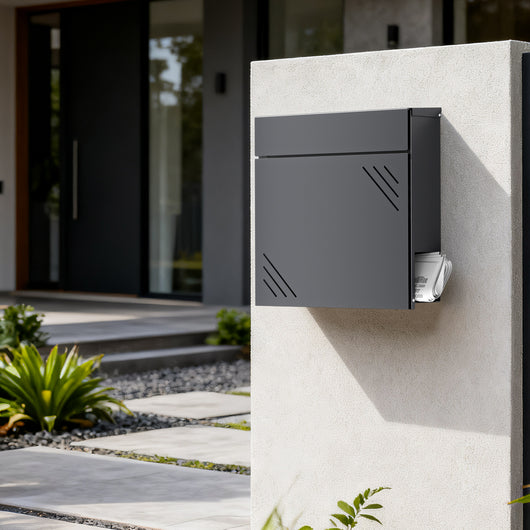 Cassetta della posta antracite V63 in acciaio 37 x 11 x 37 cm, cassetta delle lettere da parete con portagiornali e chiave