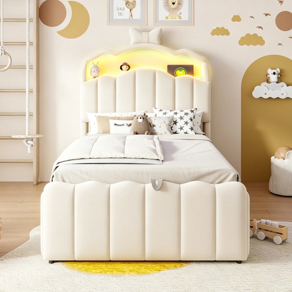 Letto contenitore imbottito 90x200 cm con sollevamento idraulico; testiera apribile; USB/USB-C; LED e velluto beige
