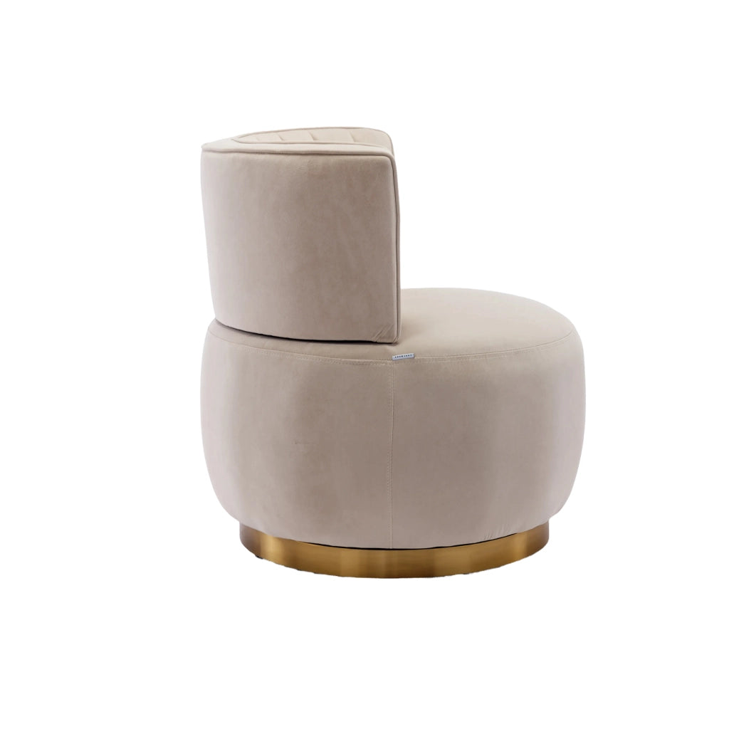 Fauteuil girevole in velluto con seduta imbottita e schienale ergonomico, base in legno e metallo beige