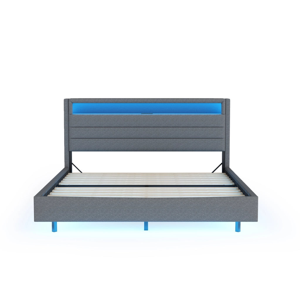 Letto imbottito 160x200 cm grigio, tessuto e metallo, USB e LED