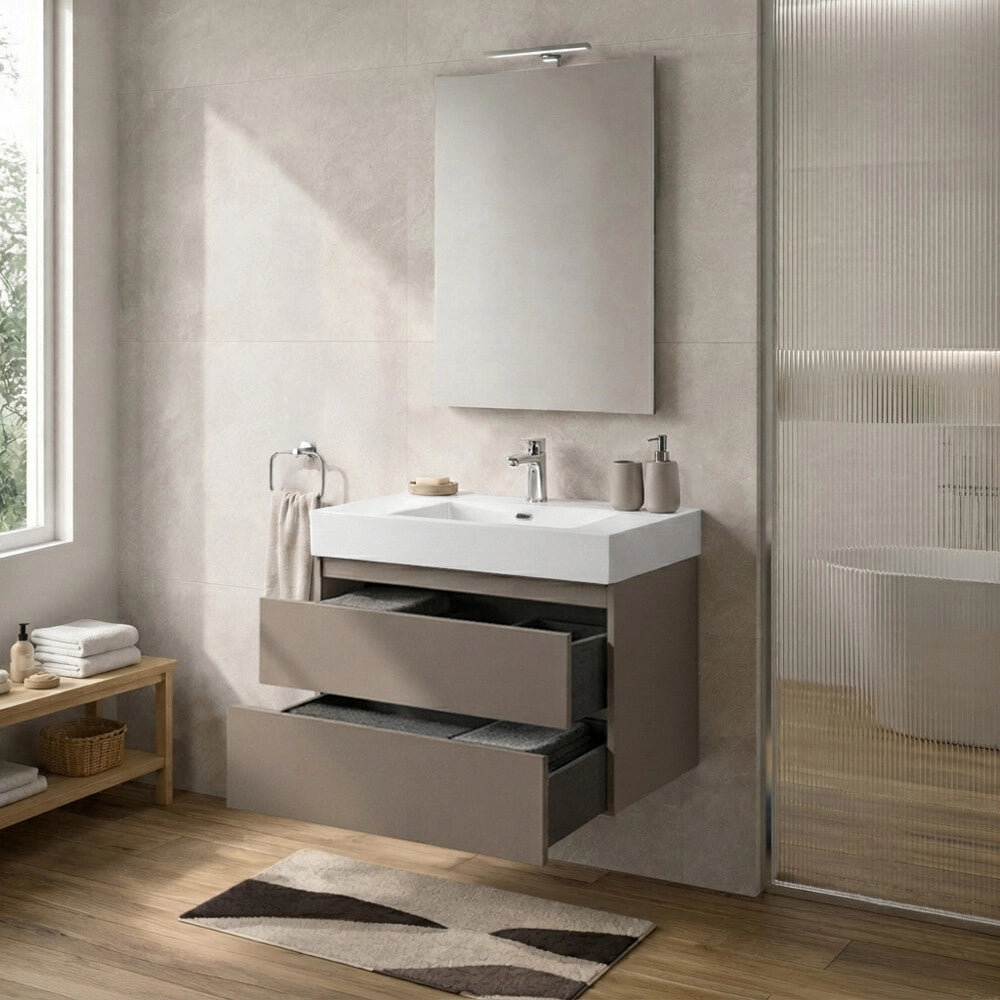 Mobile bagno sospeso 70 cm tortora due cassetti push-pull e lavabo in resina Tierra