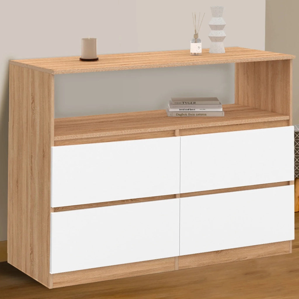 IDMarket - TOMI Cassettone a 4 cassetti da 100 cm con nicchia effetto faggio in bianco