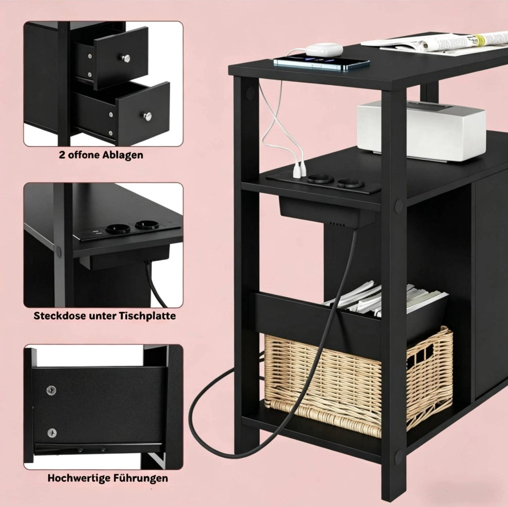DESMIU Tavolino Laterale Moderno Nero con Prese USB e AC, 60x60x30 cm