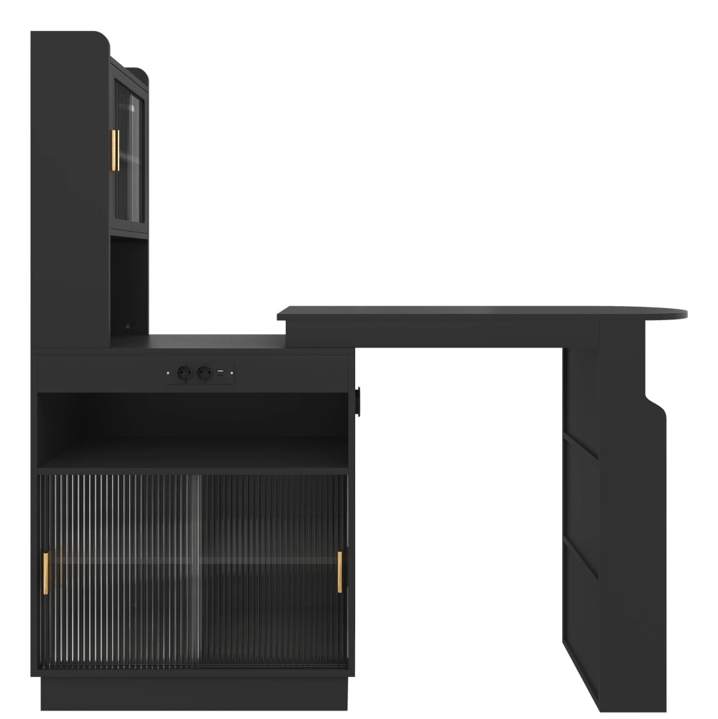 Bartisch ausziehbar mit Stauraum, LED-Beleuchtung, USB-C Anschluss, Schwarz, 131–170 × 40 × 170 cm