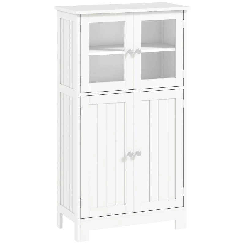 MOBILETTO BAGNO CON DUE ARMADIETTI, ANTE IN VETRO E RIPIANO REGOLABILE, 60X30X108.5 CM, BIANCO