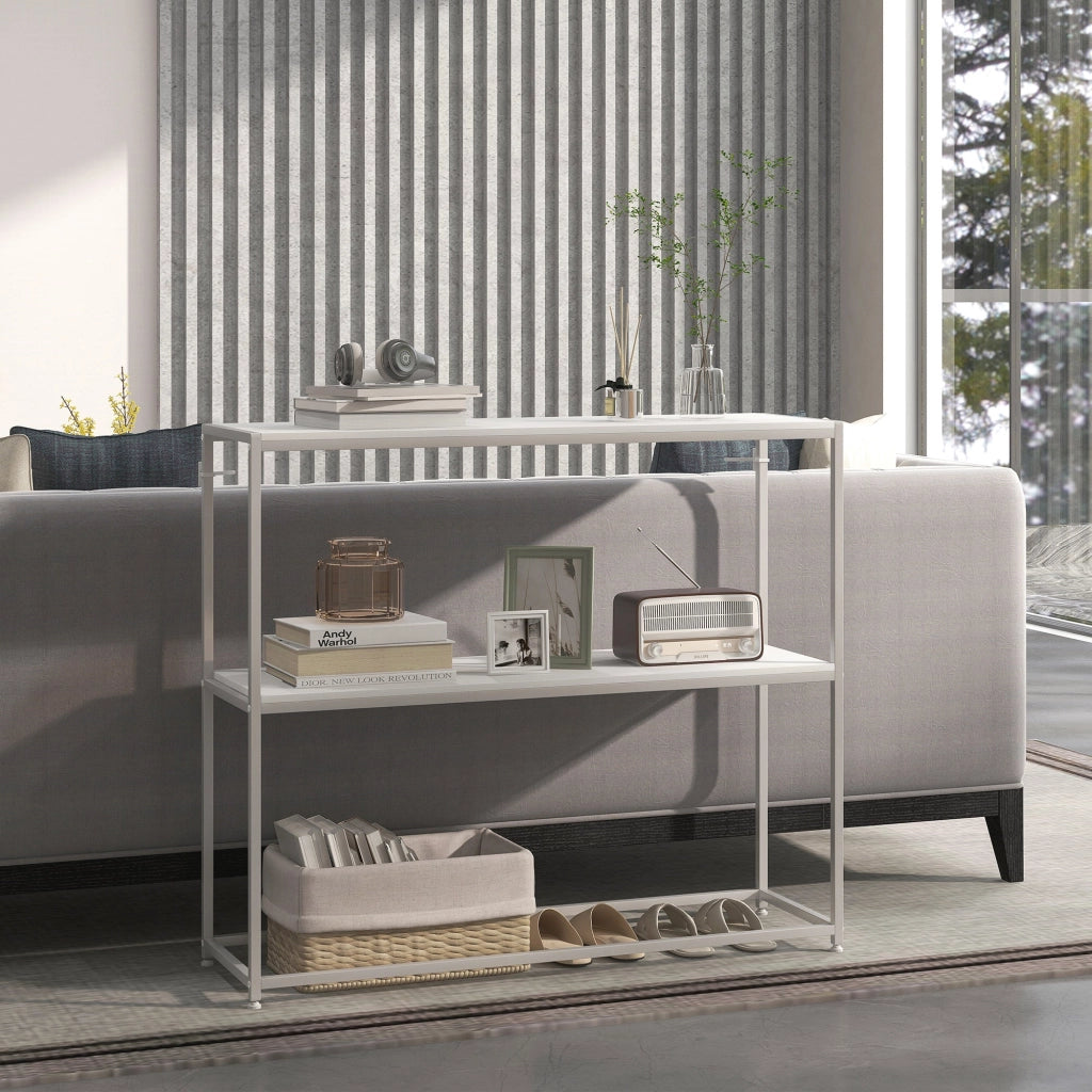 Tavolo Consolle da Ingresso con Ripiano Aperto 100x30x87 cm in Acciaio e Truciolato Bianco