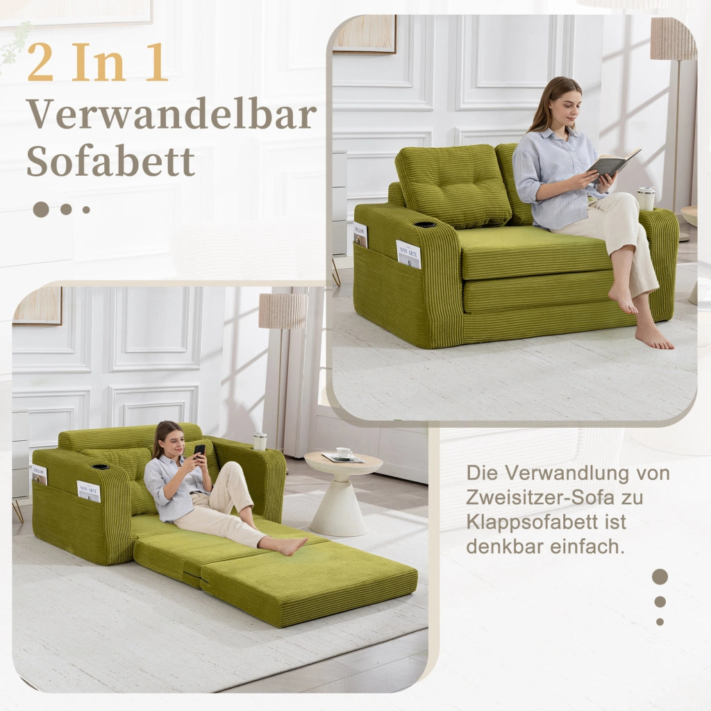 Divano modulare a 2 posti in velluto a coste con portabicchieri e tasche laterali verde oliva 136 × 80 × 82,5 cm
