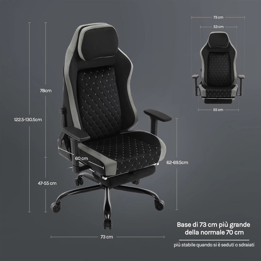 Sedia Gaming, Sedia da Corsa con Spugna Integrata a Lunga Durata e Supporto Lombare Adattivo Incorporato, Velluto, Nero + Grigio, GS05szg