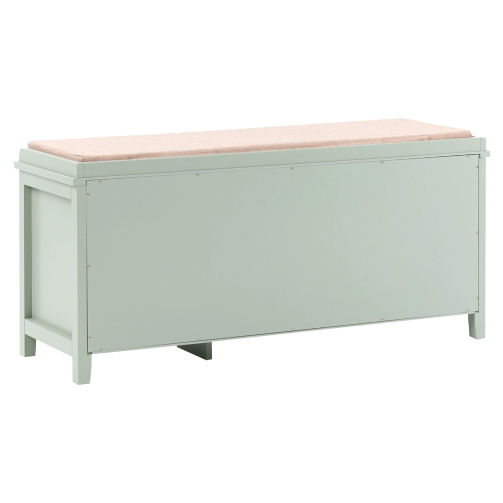 Panca porta scarpe con 3 cassetti e 2 ripiani seduta imbottita legno MDF rattan PE verniciata stile boho verde menta