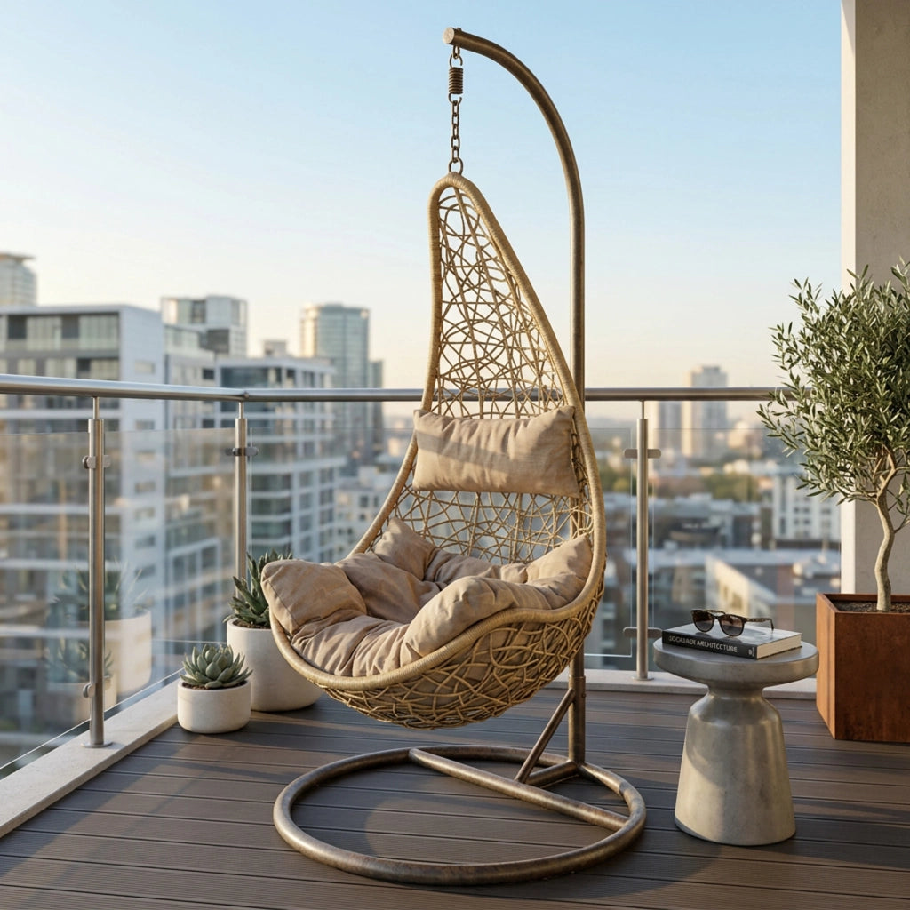 Poltrona Sospesa Da Giardino Con Struttura Autoportante In Metallo Seduta In Polyrattan Con Cuscino E Poggiatesta Arredo Outdoor Terrazza Balcone E Veranda 105 x 195 Cm Beige